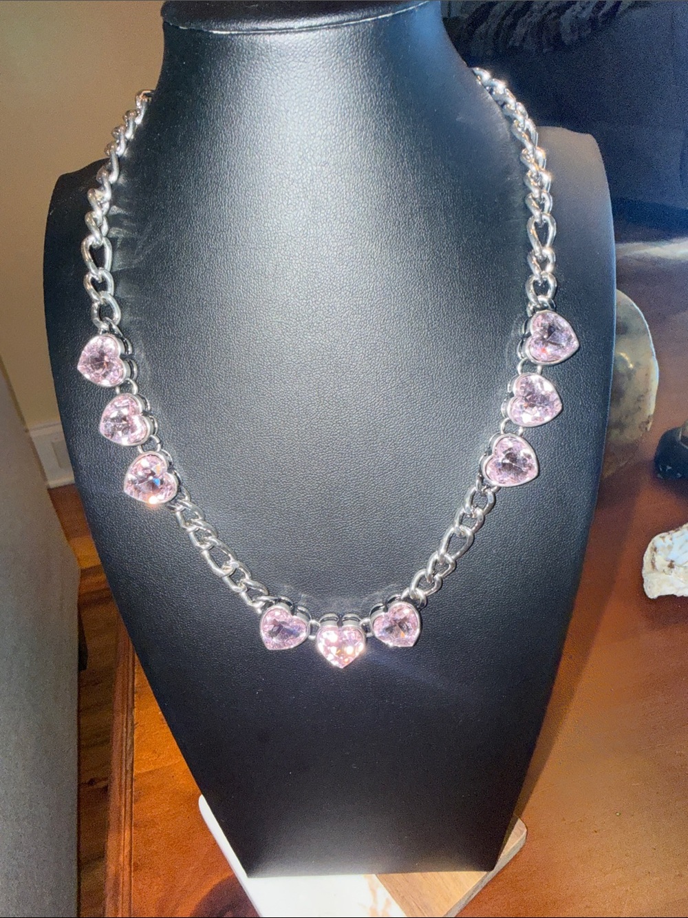 Silver-Tone Necklace with Pink Heart Crystals